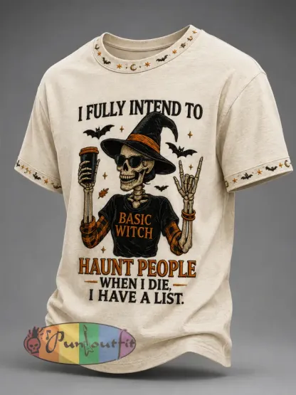 Men’s Funny Halloween Skull Witch I Fully Intend To Haunt People When I Die I Have A List Print Casual Tee - Beige · S