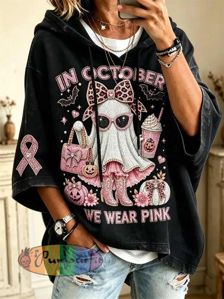 Women’s In October We Wear Pink Halloween Ghost & Pink Ribbon Print Mid Sleeve Oversize Hoodie - Black · S