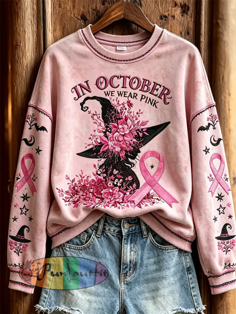 Women’s In October We Wear Pink Halloween Witch Floral Print Sweatshirt - Pink · S