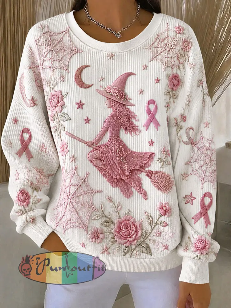 Women’s Breast Cancer Awareness Witch Ribbed Round-Neck Sweatshirt - White · S