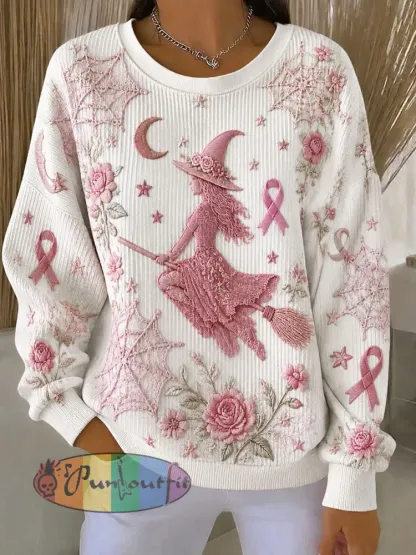 Women’s Breast Cancer Awareness Witch Ribbed Round-Neck Sweatshirt - White · S