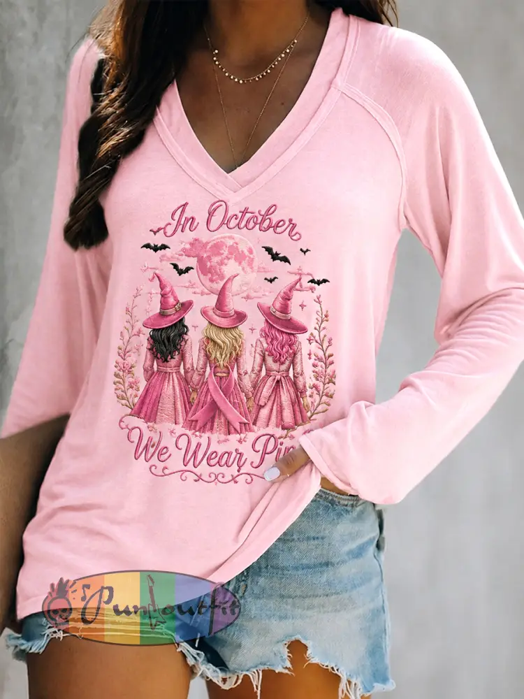 Women’s In October We Wear Pink Halloween Pink Witches Print Breast Cancer Awareness Support V-Neck Long Sleeve T-Shirt
