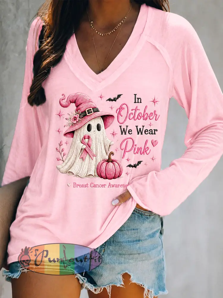Women’s In October We Wear Pink Halloween Pink Ghost Print Breast Cancer Awareness Support V-Neck Long Sleeve T-Shirt