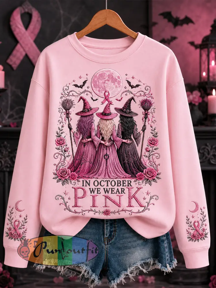 Women’s In October We Wear Pink Halloween Pink Witches Print Breast Cancer Awareness Support Sweatshirt - Pink · S