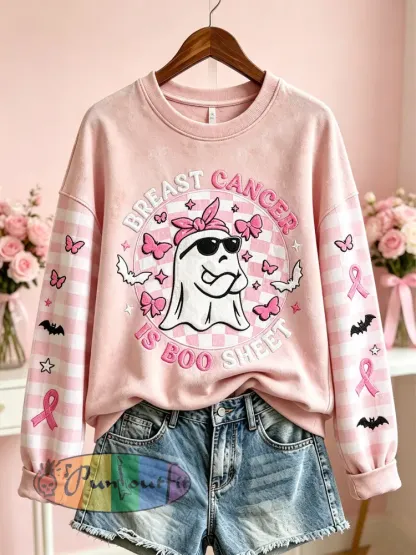 Women’s Breast Cancer Theme Halloween Cute Boo Elements Pattern Printed Casual Sweatshirt - Light Pink · S