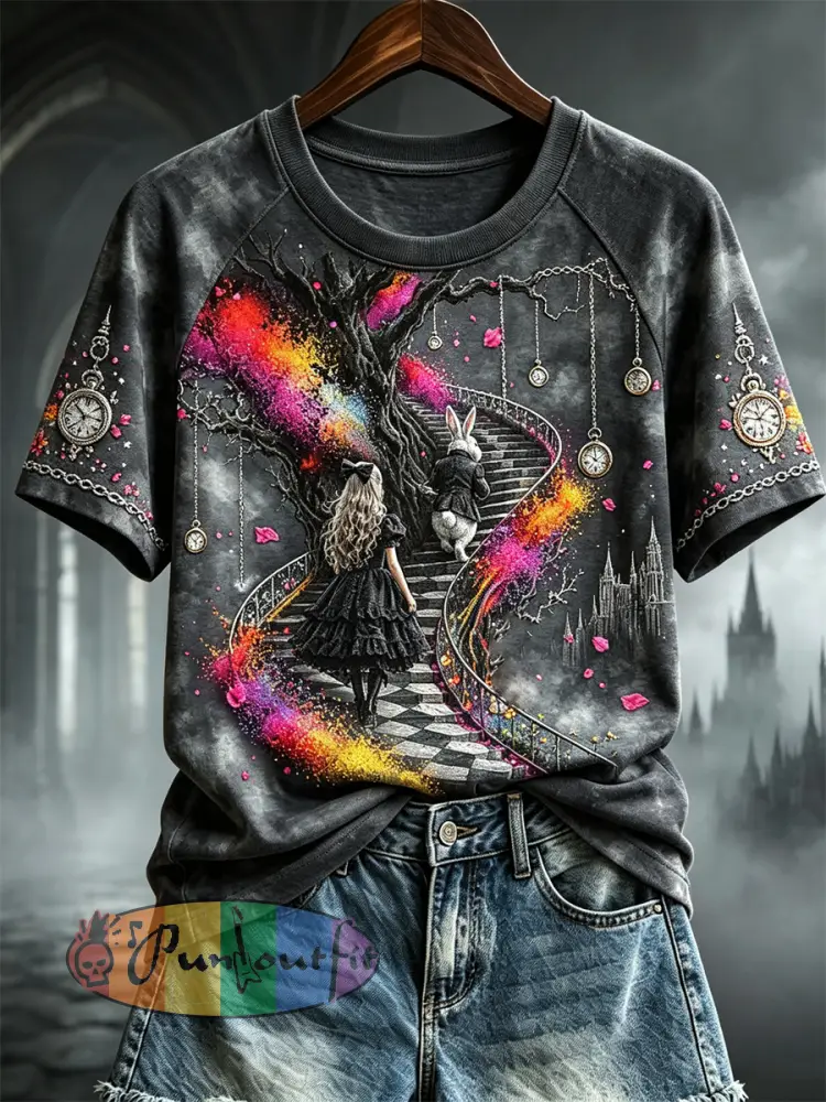 Women’s Vintage Halloween Wonderland Gothic Art Print short sleeve T-shirt - Dark Gray · S