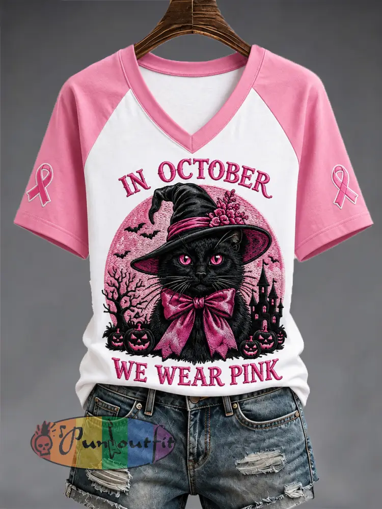 Women’s In October We Wear Pink Halloween Black Cat Print Breast Cancer Awareness Support V-Neck Tee - White · S