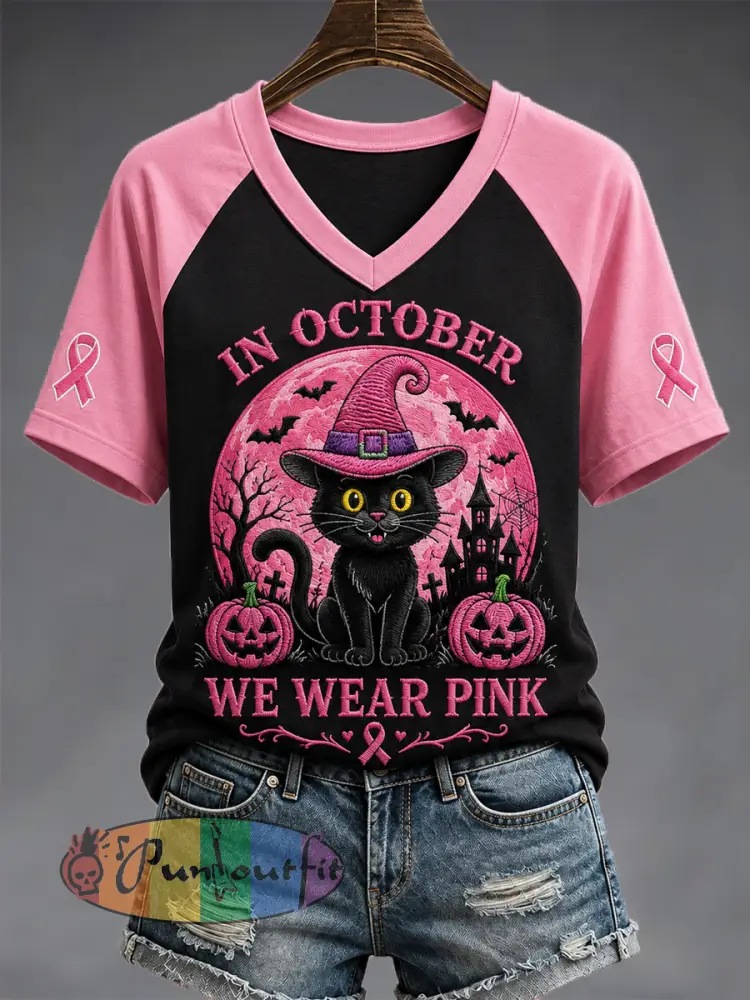 Women’s In October We Wear Pink Halloween Black Cat Print Breast Cancer Awareness Support V-Neck Tee - Black · S
