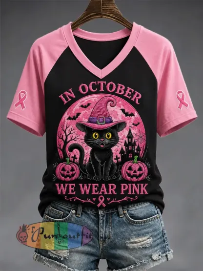 Women’s In October We Wear Pink Halloween Black Cat Print Breast Cancer Awareness Support V-Neck Tee - Black · S