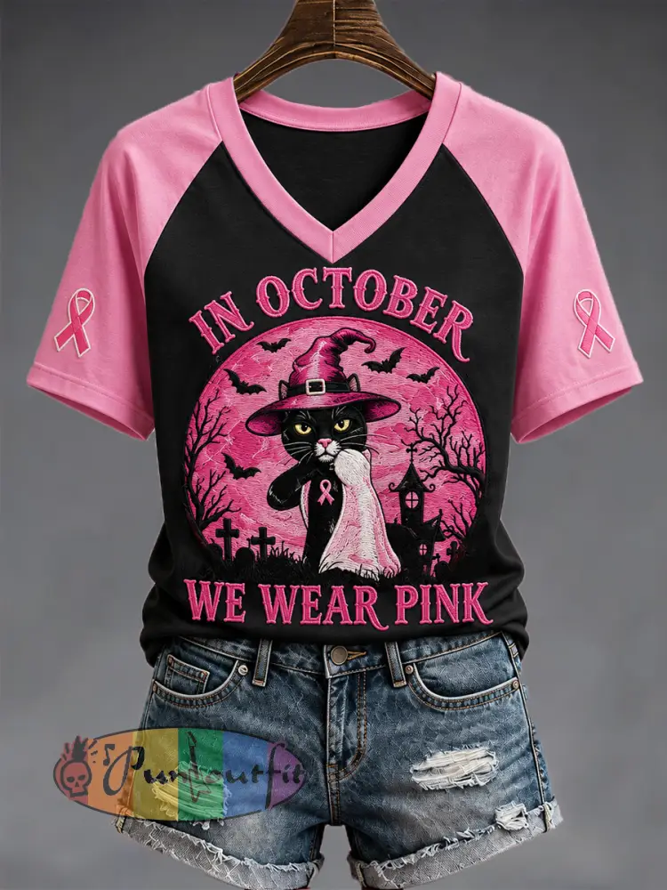 Women’s In October We Wear Pink Halloween Black Cat Print Breast Cancer Awareness Support V-Neck Tee - Black · S