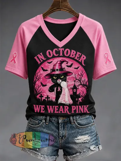 Women’s In October We Wear Pink Halloween Black Cat Print Breast Cancer Awareness Support V-Neck Tee - Black · S