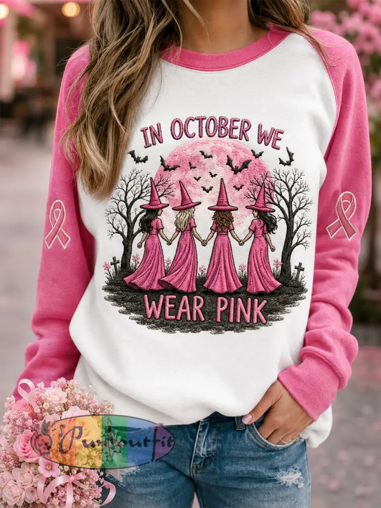 Women’s In October We Wear Pink Halloween Pink Witches Print Breast Cancer Awareness Support Sweatshirt - White · S