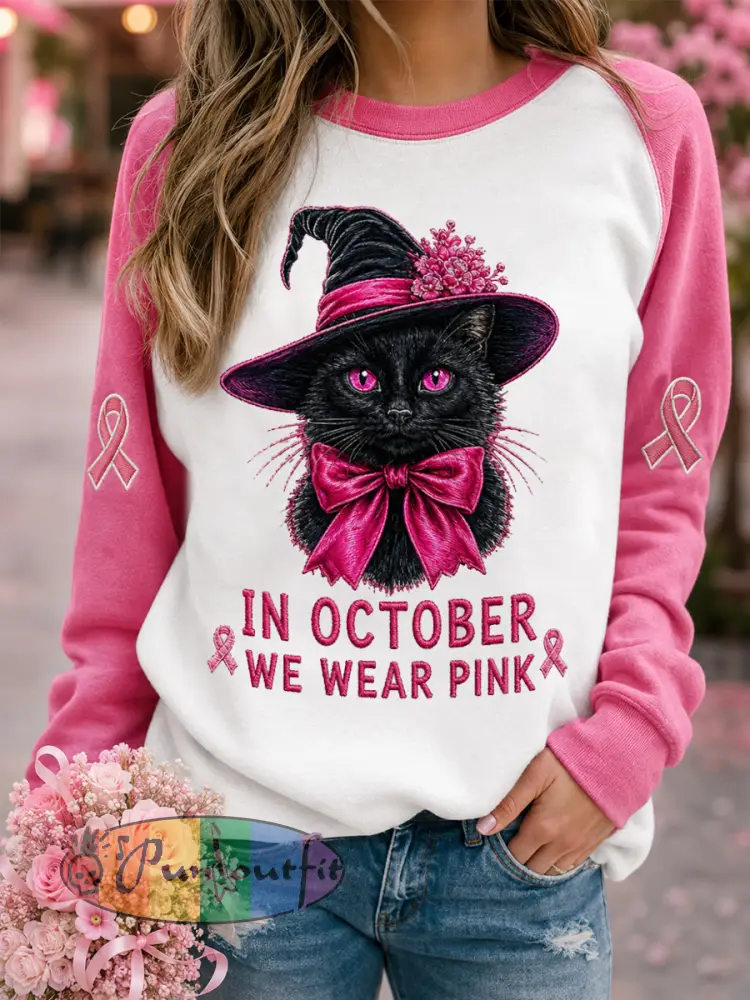 Women’s In October We Wear Pink Halloween Black Cat Print Breast Cancer Awareness Support Sweatshirt - White · S