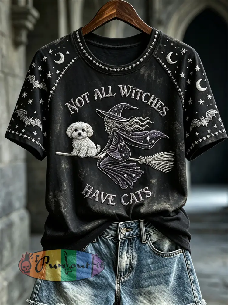 Women’s Halloween Not All Witches Have Cats Witch & Maltese Dog Print short sleeve T-shirt - Black · S