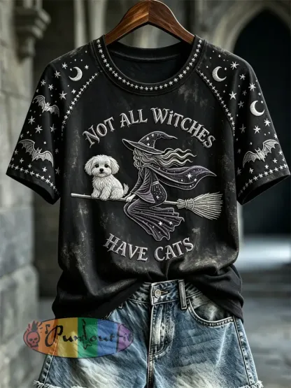 Women’s Halloween Not All Witches Have Cats Witch & Maltese Dog Print short sleeve T-shirt - Black · S