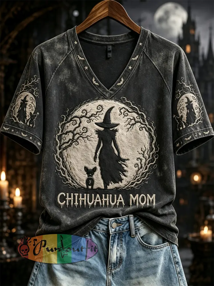 Women’s Chihuahua Mom Halloween Night Witch & Chihuahua Dog Print short sleeve T-shirt - Black · S