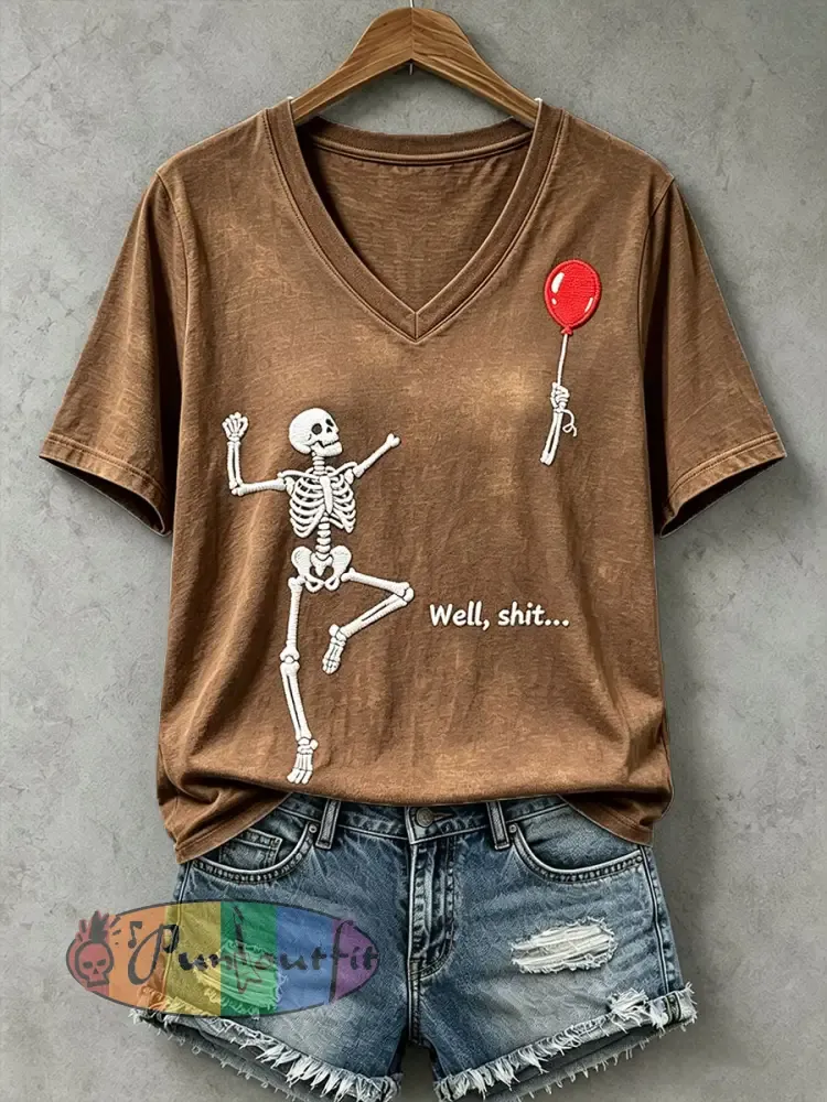 Women’s Funny Skull T-Shirt - Brown · S