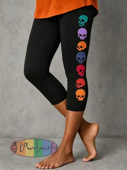 Women’s Colorful Skull Stretch Leggings - Black · S
