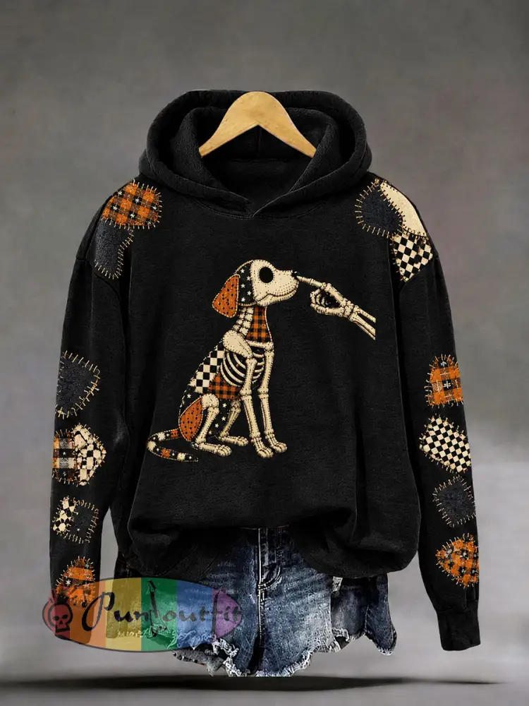 Women’s Halloween Skull Dog Gothic Art Print Casual Regular Sweatshirt - Black · S