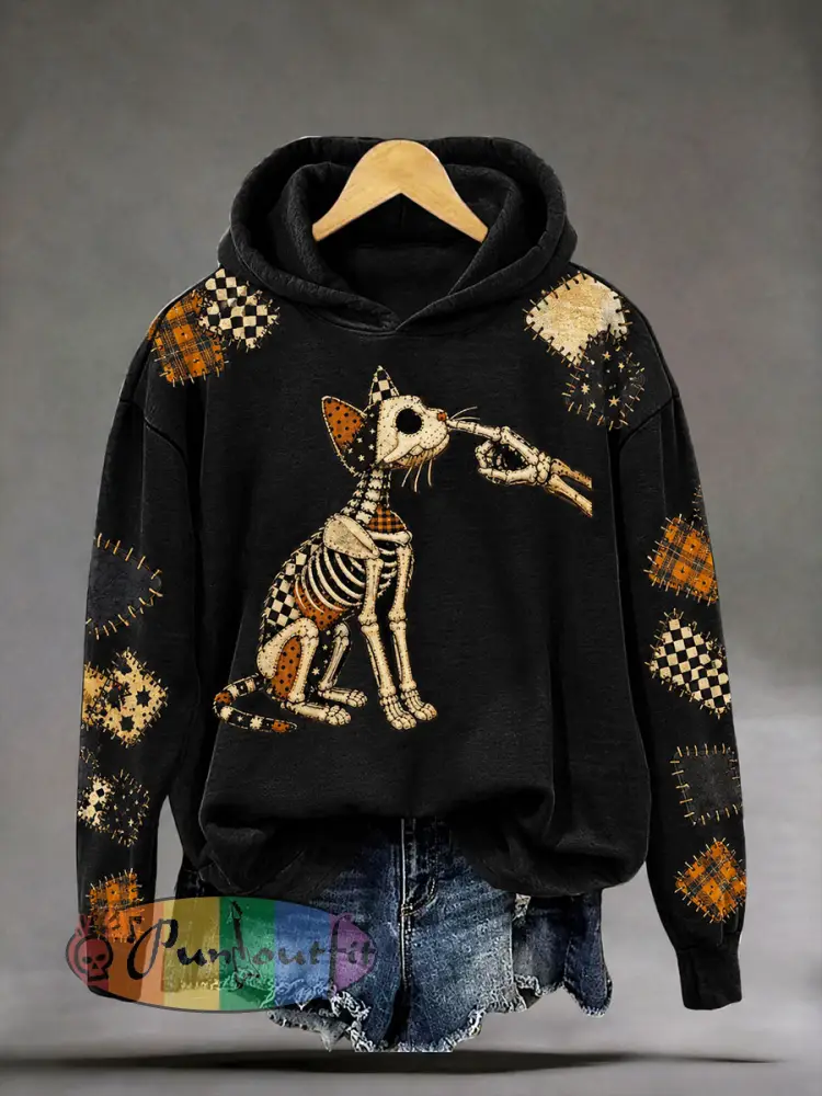 Women’s Halloween Skull Cat Gothic Art Print Casual Regular Sweatshirt - Black · S