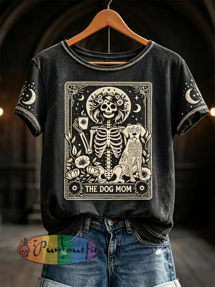 Women’s The Dog Mom Skeleton Halloween Mystical Art Print short-sleeved T-shirt - Black · S