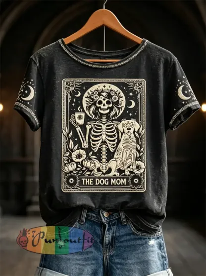 Women’s The Dog Mom Skeleton Halloween Mystical Art Print short-sleeved T-shirt - Black · S