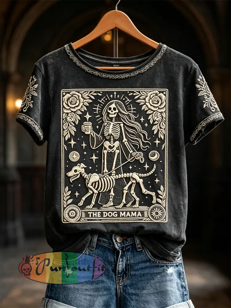 Women’s The Dog Mama Skeleton Halloween Mystical Art Print short-sleeved T-shirt - Black · S