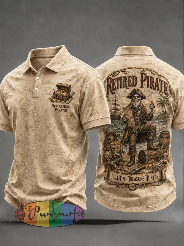 Men’s Retro ’Retired Pirate - Full-Time Treasure Hunter’ Printed Casual Polo Shirt - Khaki · S