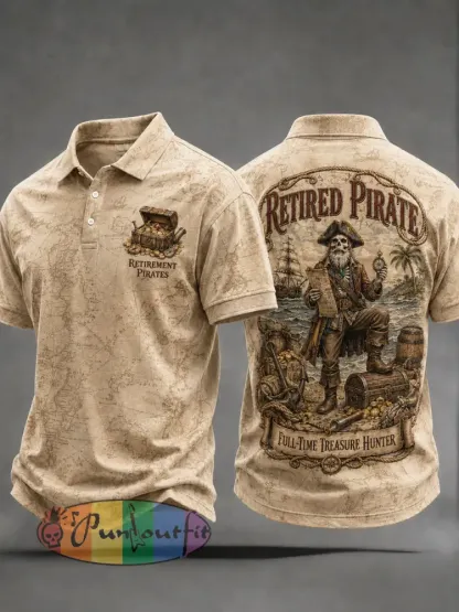 Men’s Retro ’Retired Pirate - Full-Time Treasure Hunter’ Printed Casual Polo Shirt - Khaki · S