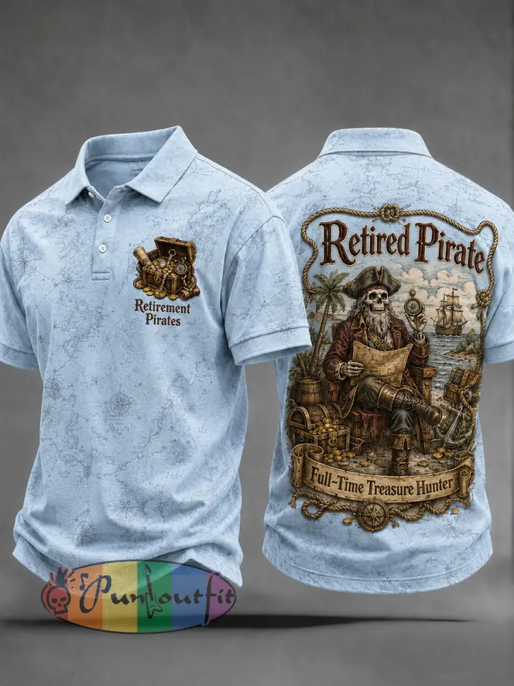 Men’s Retro ’Retired Pirate - Full-Time Treasure Hunter’ Printed Casual Polo Shirt - Light Blue · S