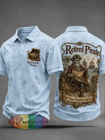 Men’s Retro ’Retired Pirate - Full-Time Treasure Hunter’ Printed Casual Polo Shirt - Light Blue · S