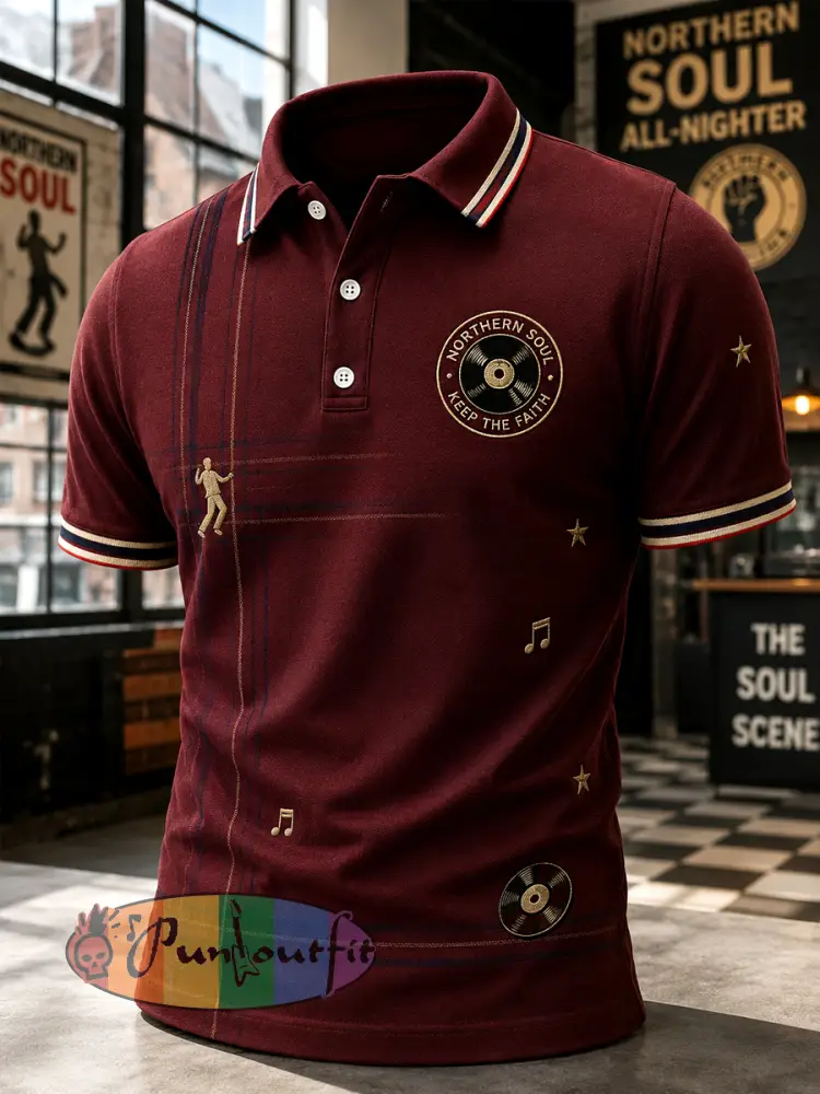 Men’s Retro Northern Soul Keep The Faith Print Casual Polo Shirt - Wine Red · S