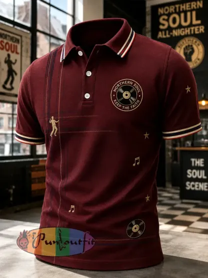 Men’s Retro Northern Soul Keep The Faith Print Casual Polo Shirt - Wine Red · S