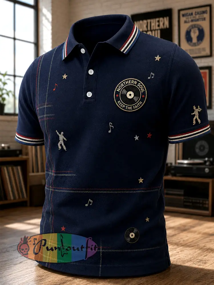 Men’s Retro Northern Soul Keep The Faith Print Casual Polo Shirt - Navy Blue · S