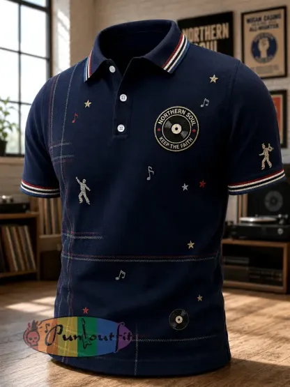 Men’s Retro Northern Soul Keep The Faith Print Casual Polo Shirt - Navy Blue · S