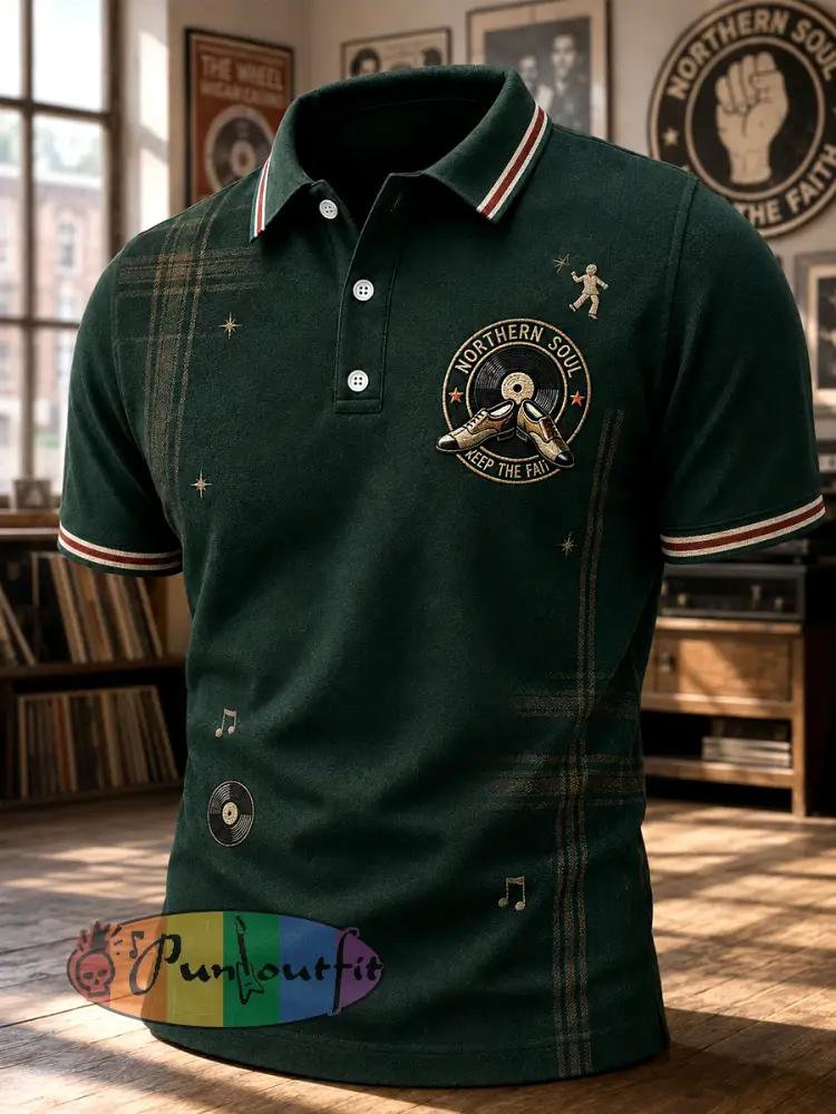 Men’s Retro Northern Soul Keep The Faith Print Casual Polo Shirt - Dark Green · S