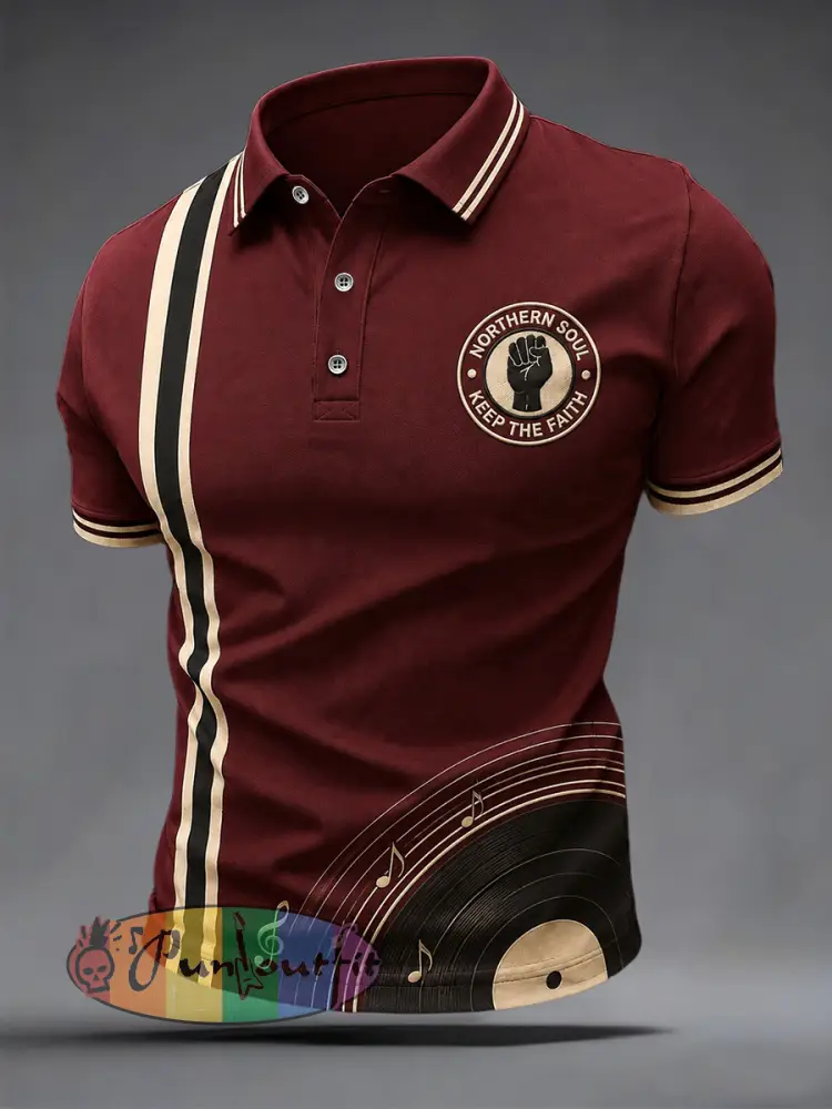 Men’s Retro Northern Soul Keep The Faith Print Casual Polo - Deep Red · S