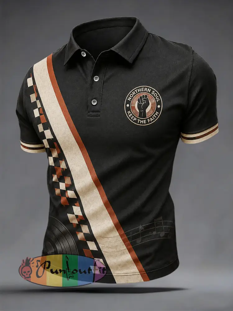 Men’s Retro Northern Soul Keep The Faith Print Casual Polo - Black · S