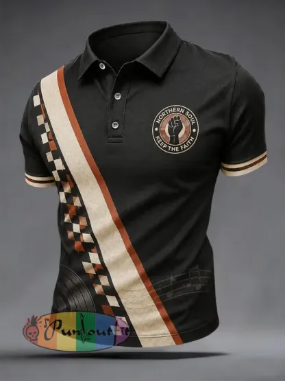 Men’s Retro Northern Soul Keep The Faith Print Casual Polo - Black · S