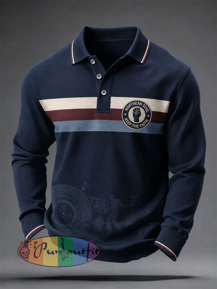 Men’s Retro Northern Soul Keep The Faith Print Casual Long Sleeve Polo - Deep Blue · S