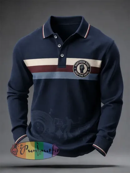 Men’s Retro Northern Soul Keep The Faith Print Casual Long Sleeve Polo - Deep Blue · S