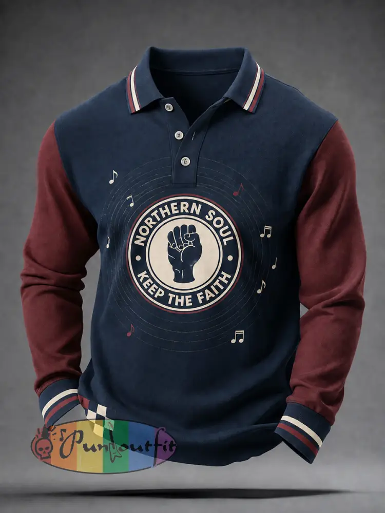 Men’s Retro Northern Soul Keep The Faith Print Casual Long Sleeve Polo - Deep Blue · S
