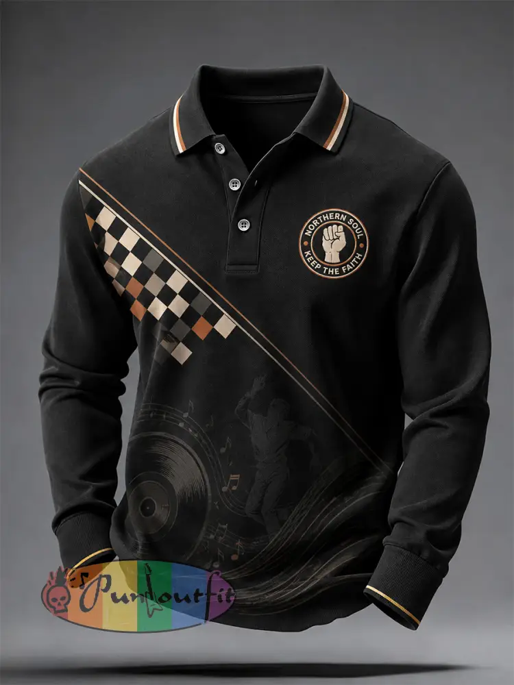 Men’s Retro Northern Soul Keep The Faith Print Casual Long Sleeve Polo - Black · S
