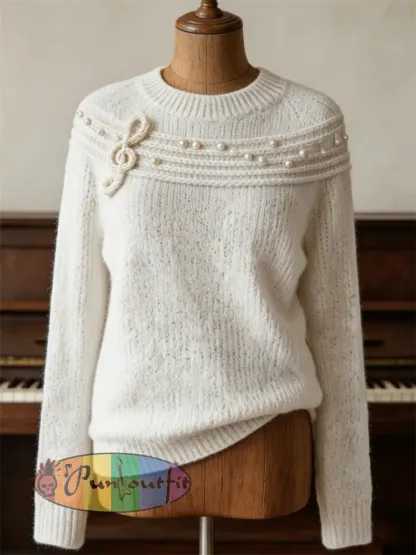Women’s Classy Treble Clef Music Notes Yoke Print crew neck sweater - White · S