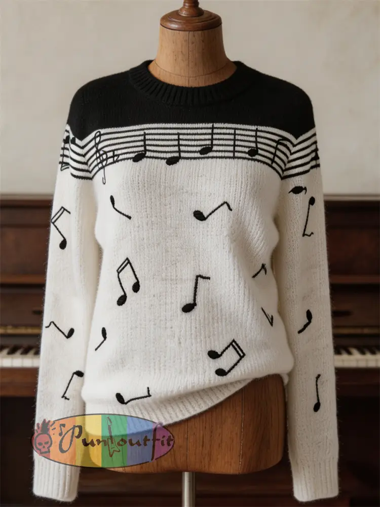 Women’s Vintage Music Notes Contrast Color Print crew neck sweater - White · S