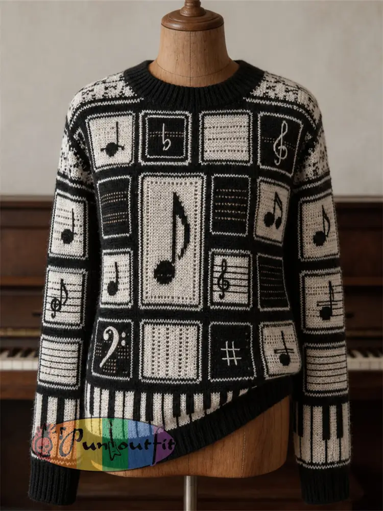 Women’s Vintage Music Notes & Piano Keys Colorblock Print crew neck sweater - Black · S