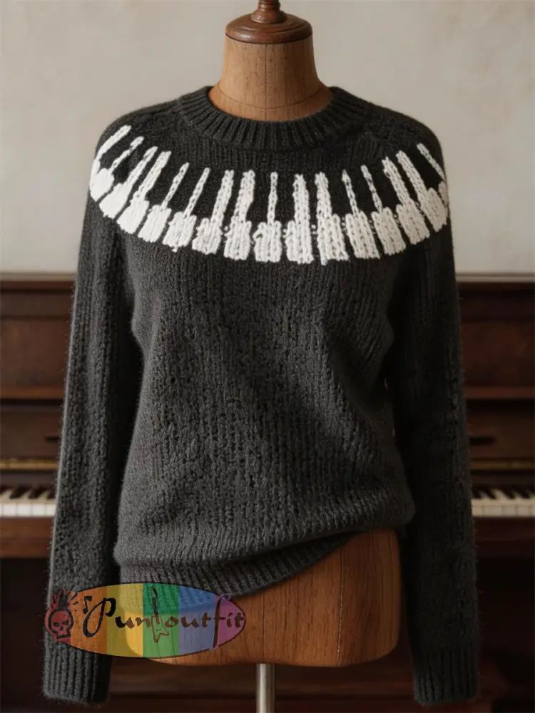 Women’s Classy Piano Keys Yoke Print crew neck sweater - Black · S