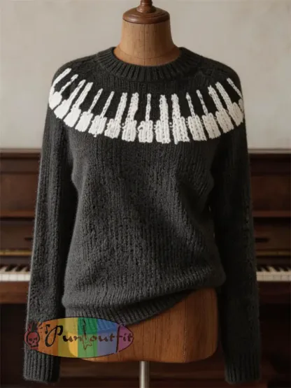Women’s Classy Piano Keys Yoke Print crew neck sweater - Black · S