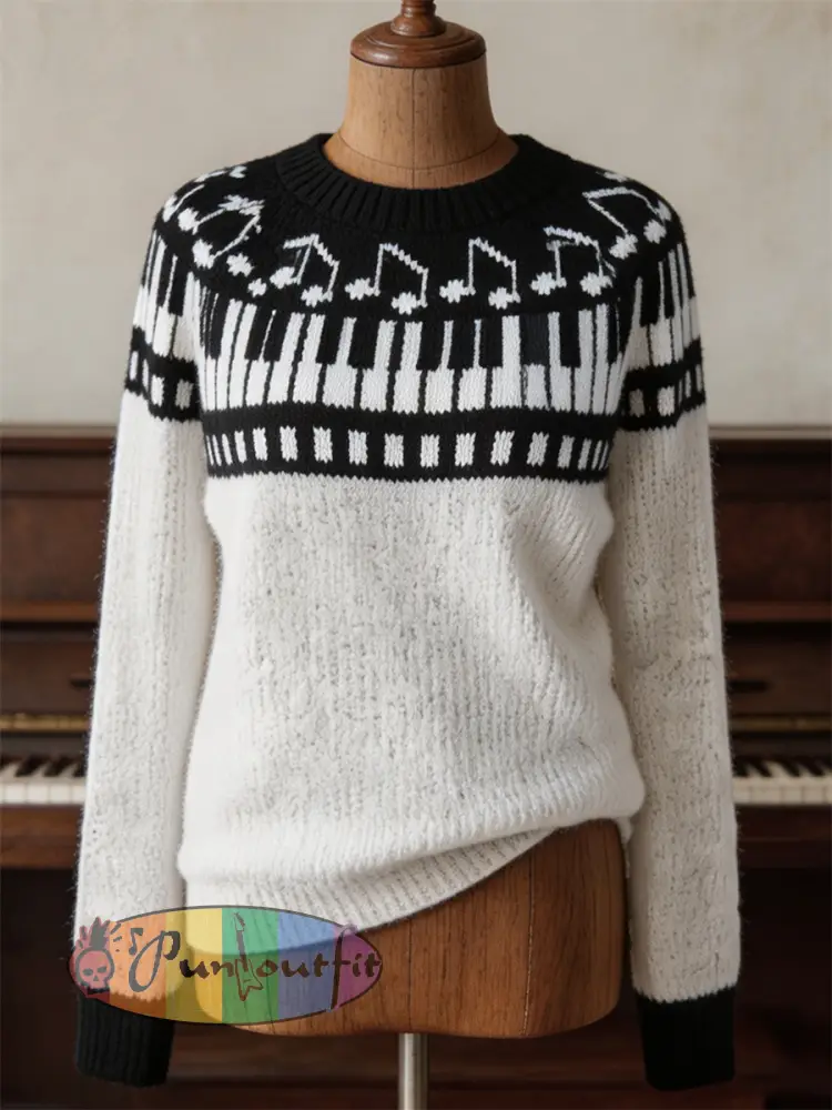 Women’s Vintage Music Notes & Piano Keys Yoke Print crew neck sweater - White · S