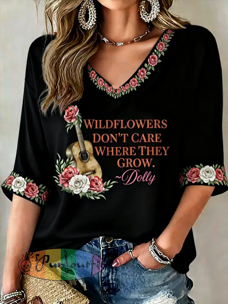 Women’s Country Legend Tribute Mid-length Sleeves V-Neck T-Shirt - Black · S